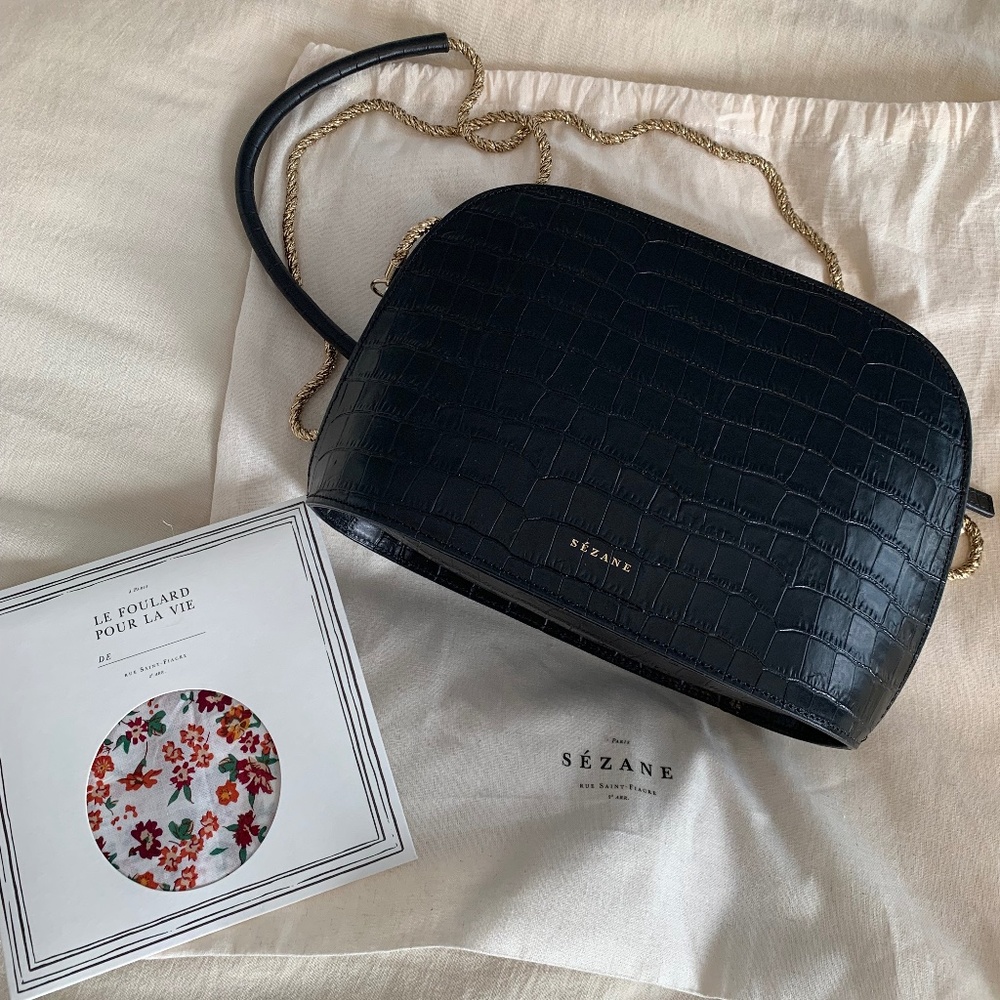 SEZANE CROCO VICTOR BAG - Black Crocodile Print